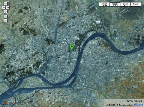 GoogleMapで見た平壌と景昌里の位置と大同江 GoogleMapで見た平壌と景昌里の位置と大同江