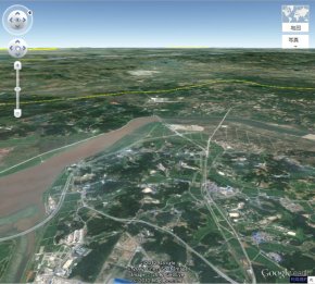 Google Earthで見た臨津江と黄色で表示されている休戦ライン Google Earthで見た臨津江と黄色で表示されている休戦ライン