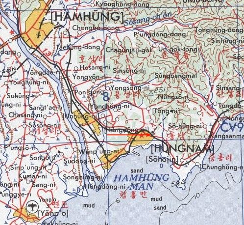 1953年米陸軍発行の「咸興・興南」付近の地図より(クリックで拡大表示) 1953年米陸軍発行の「咸興・興南」付近の地図より