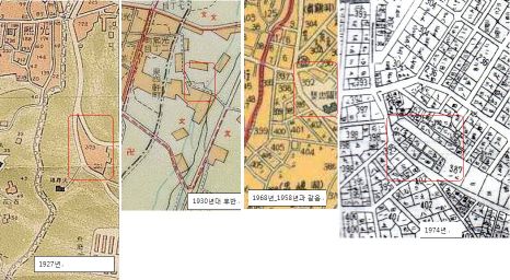 1927年、1930年、1958年、1974年の同所の地図 1927年、1930年、1958年、1974年の同所の地図