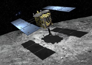 人工クレーターにタッチダウンするはやぶさ2(提供:池下章裕氏/JAXA)